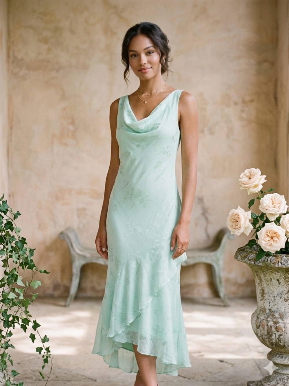 Y2K B Smart Dress Sz 3/4 Green Glimmer Ruffle Hem Asymmetrical Fairy Cowl Neck
